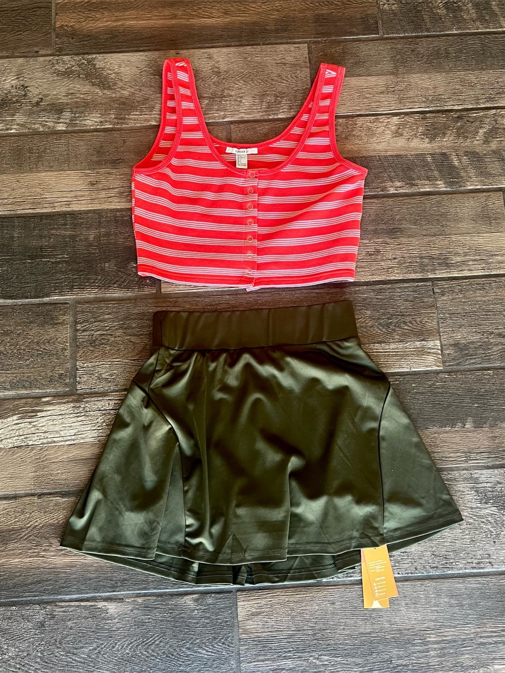 Werena  athletic skort skirt built in shorts  L &  Forever 21 striped crop top L
